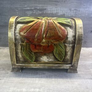 1970s Unique Hand Carved Painted Wood Box Dome Hinged Chest Mod Boho Flower